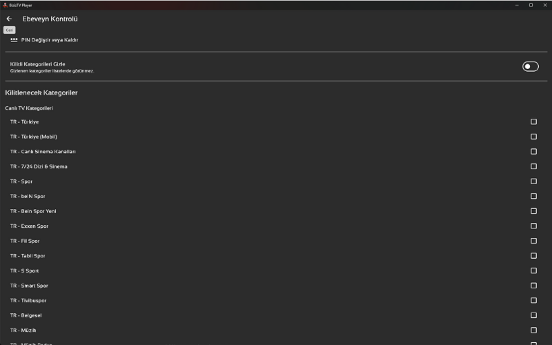 Biziz TV Ebeveyn Kontrolü Ayarları Ekranı