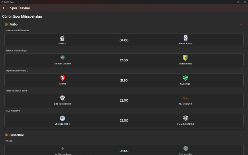 Biziz TV Spor Takvimi Özelliği Ekran Görüntüsü